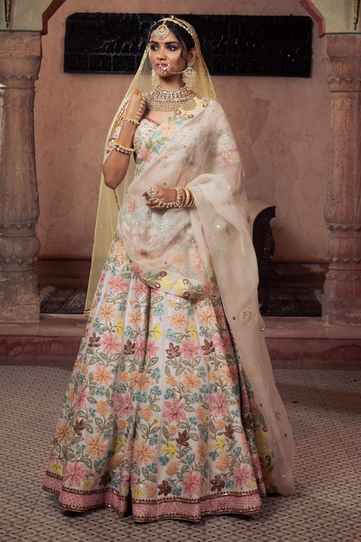 Buy Ivory Lehenga Choli In Raw Silk With Colorful Resham And Golden Zardosi  Embroidered Floral Jaal And Cut Work Border Online - Kalki Fashion