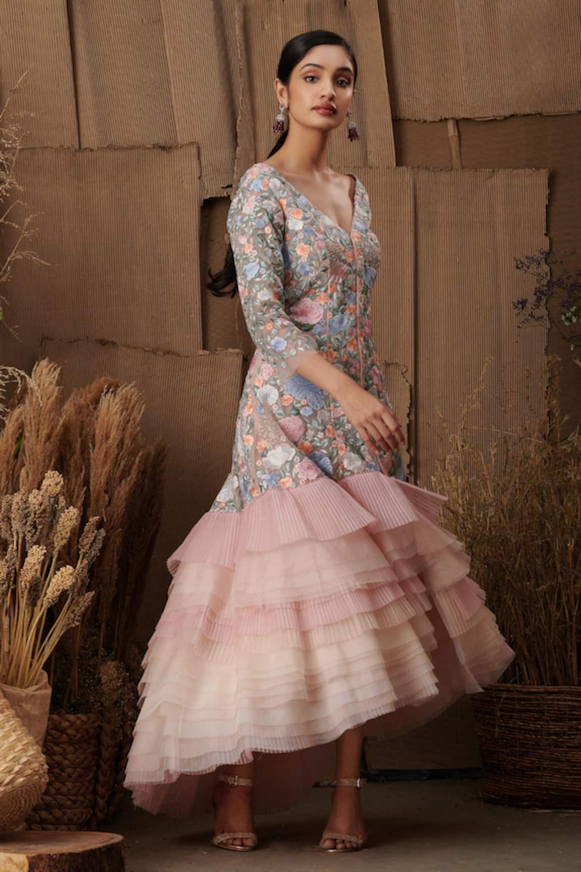 Shriya Som Floral Embroidered Tiered Dress