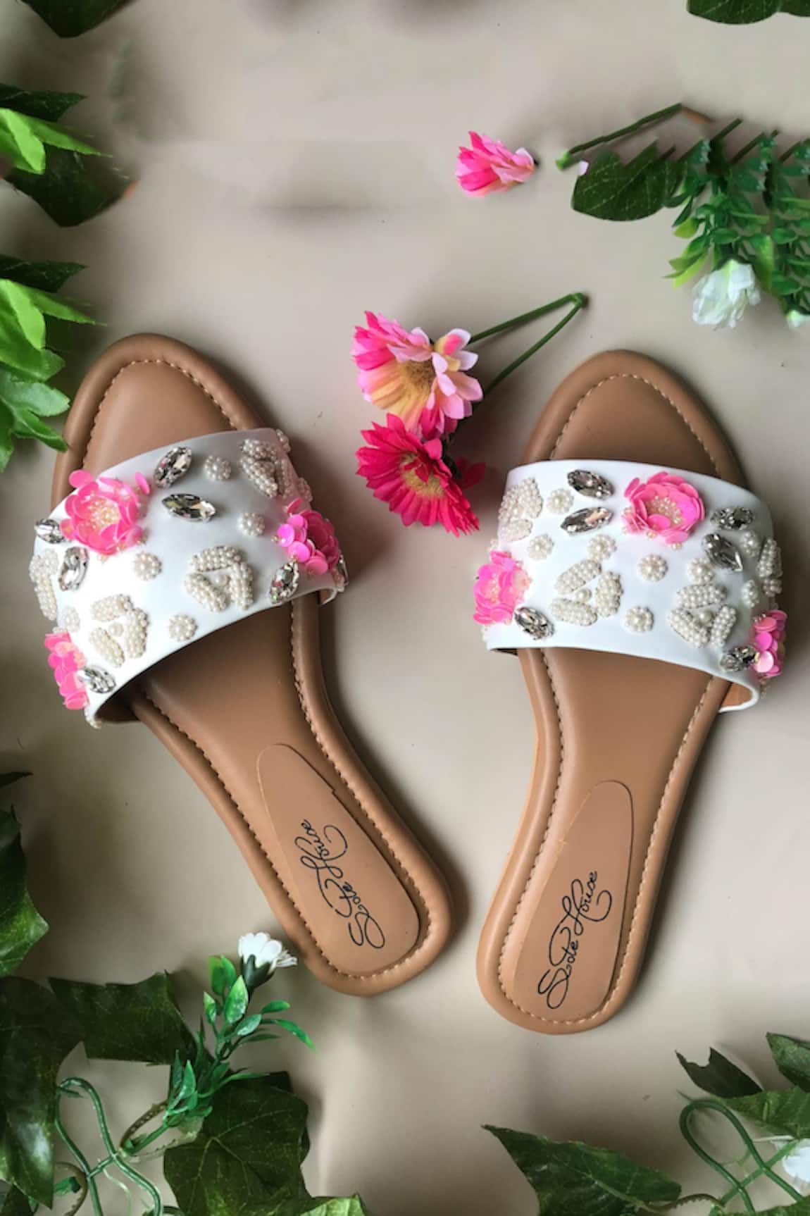 Sole House Embroidered Floral Crystal Sliders 