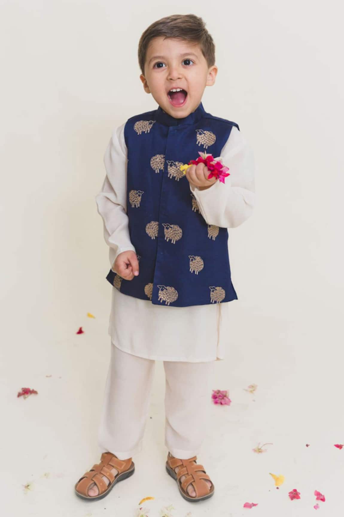 MR Brat Animal Embroidered Navy Blue Bundi Set