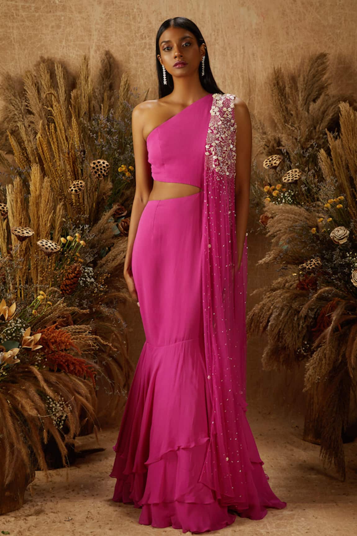 Shloka Khialani Cutout One Shoulder Gown with Dupatta 