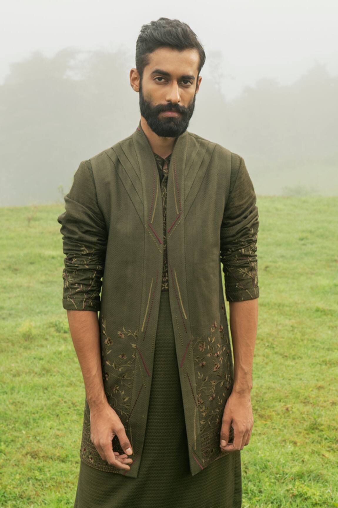 Sarab Khanijou Bhagalpuri Silk Embroidered Jacket & Kurta Set