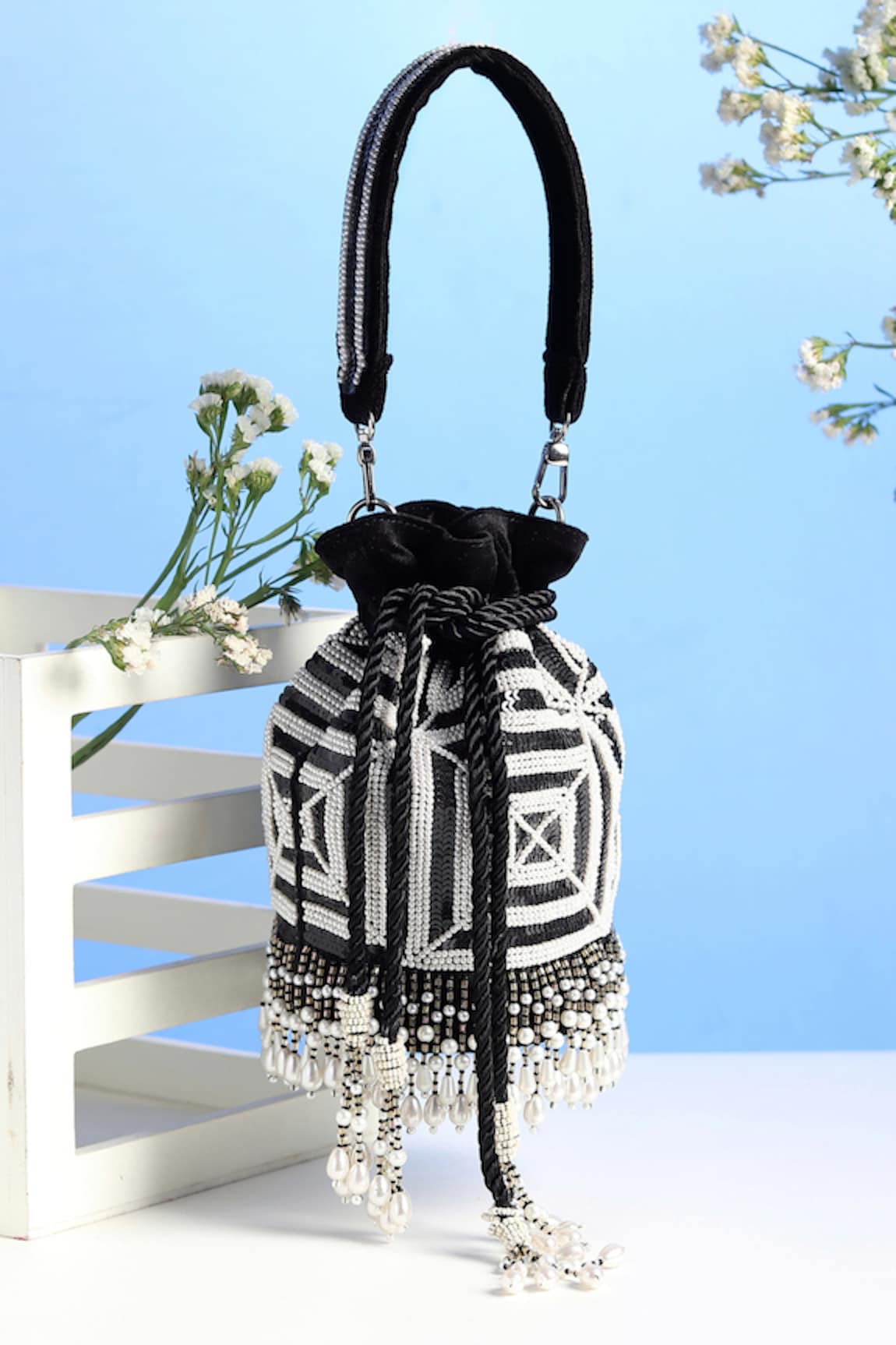 Puro Cosa Geometric Embroidered Potli Bag With Sling