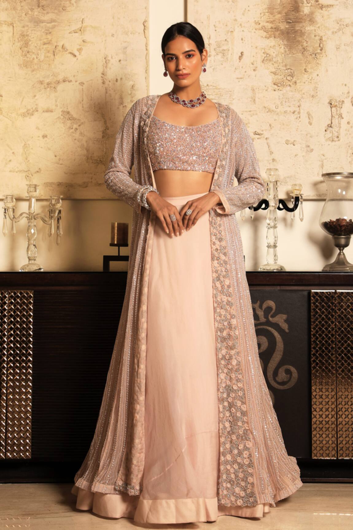 COUTURE BY NIHARIKA Embroidered Organza Lehenga Set with Jacket 
