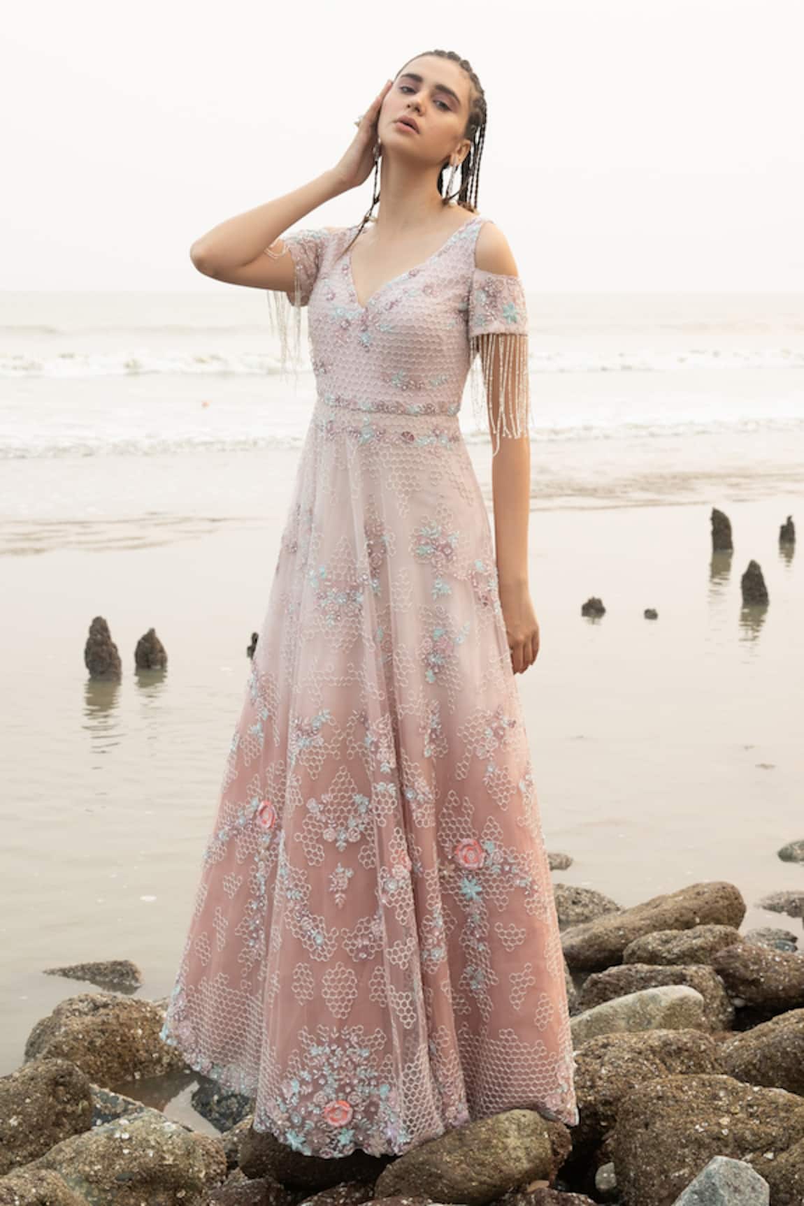 Decemberbyvivek Embroidered Cold Shoulder Gown