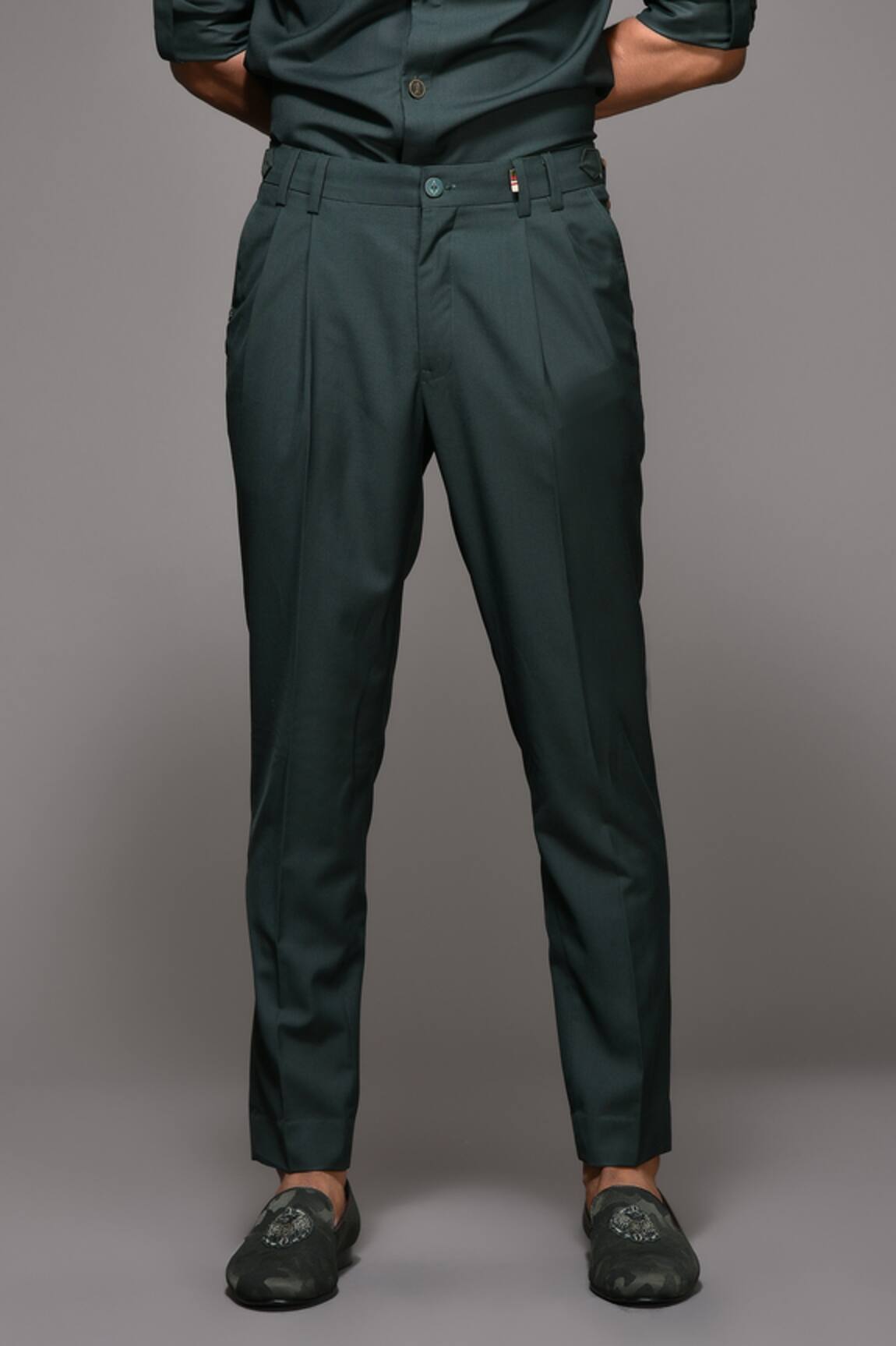 Buy SN by Shantnu Nikhil Green Terylene Front Pleated Trousers Online   Aza Fashions