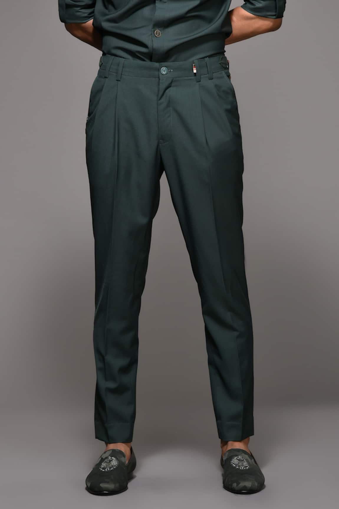 Buy SN by Shantnu Nikhil Green Terylene Front Pleated Trousers Online   Aza Fashions