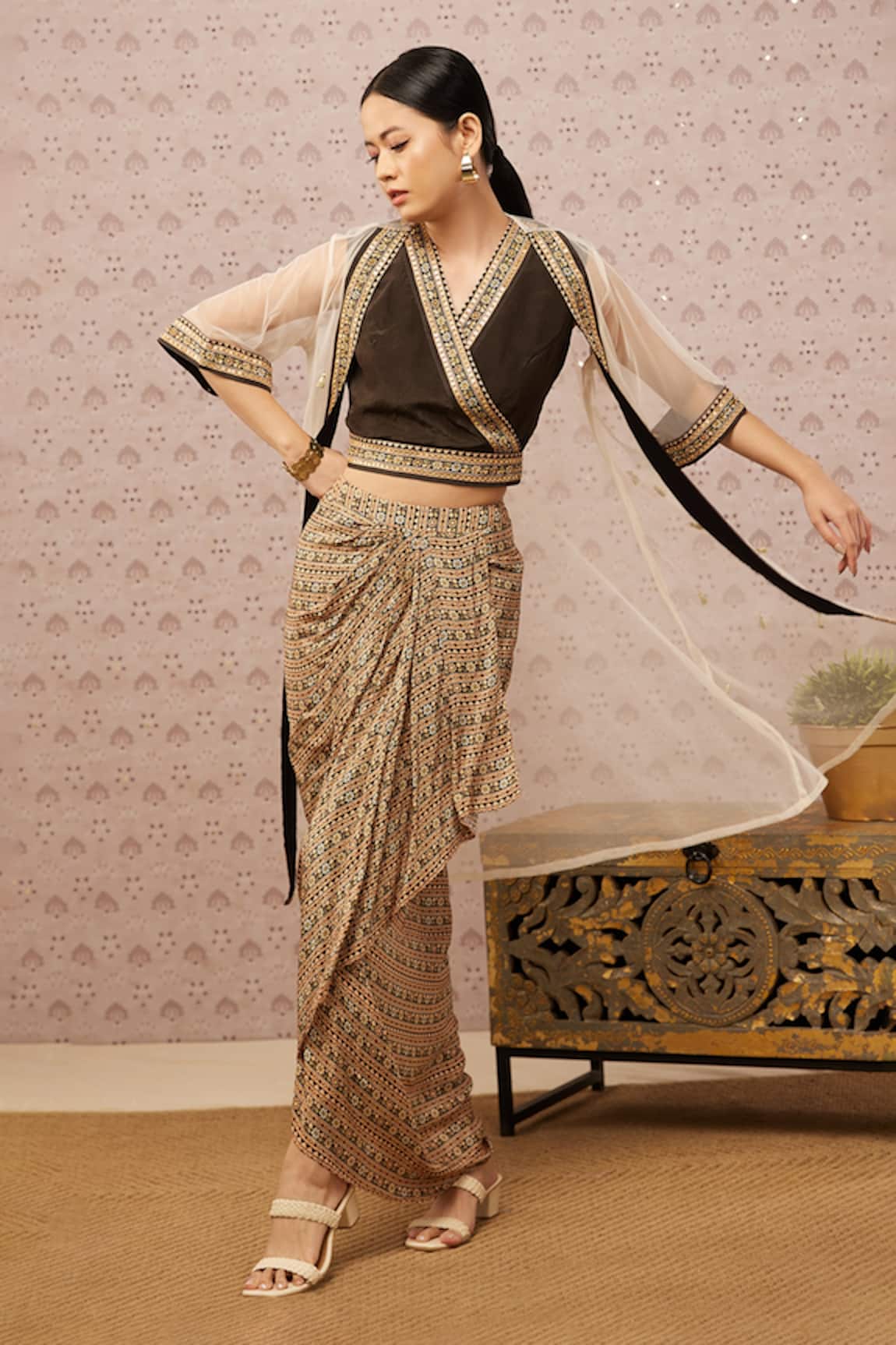 Soup by Sougat Paul Printed Jacket & Draped Skirt Set