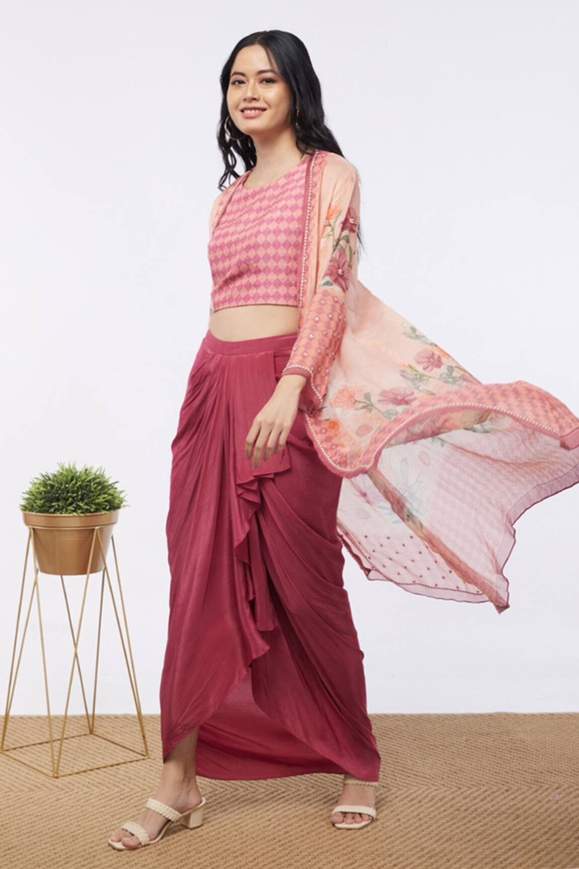 Soup By Sougat Paul Floral Print Jacket & Draped Skirt Set 