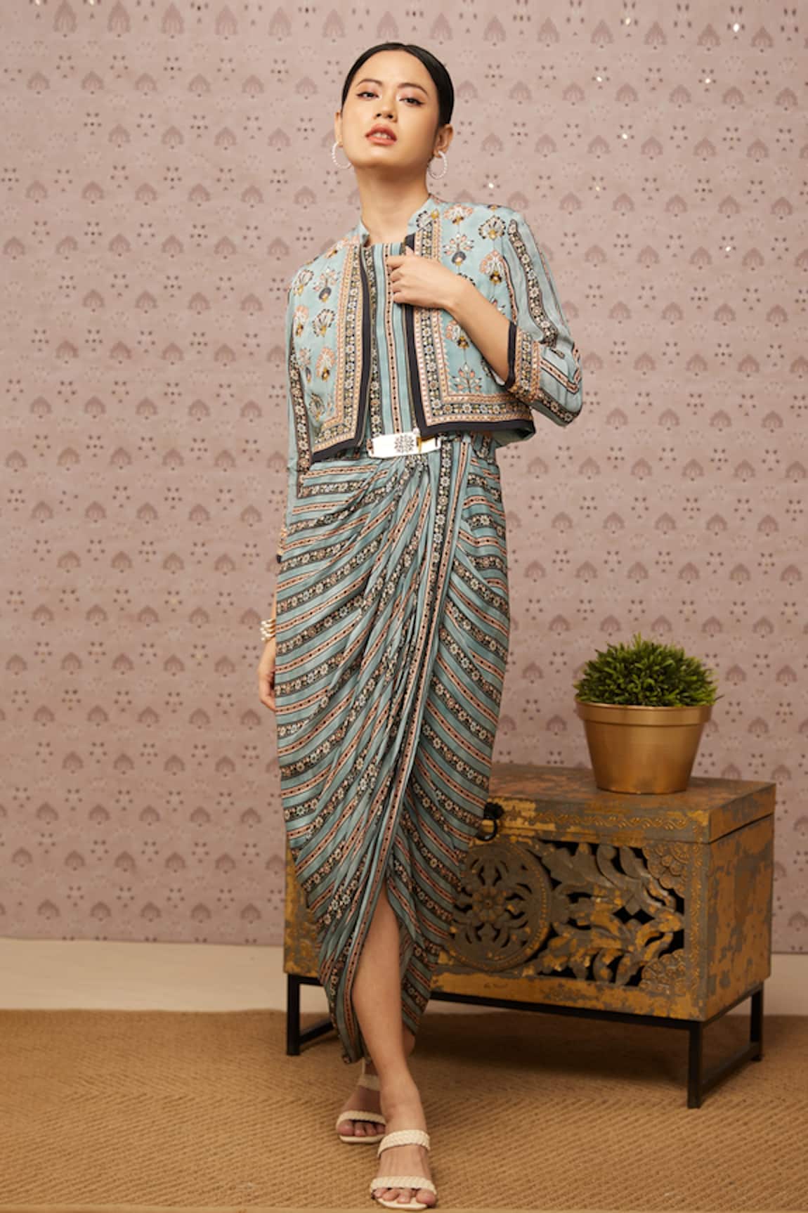 Soup By Sougat Paul Printed Draped Dress With Jacket 