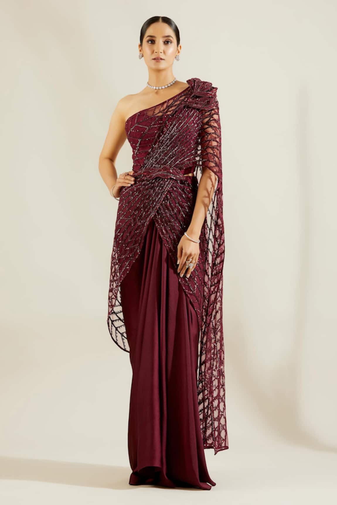 Adaara Couture Embellished One Shoulder Saree Gown