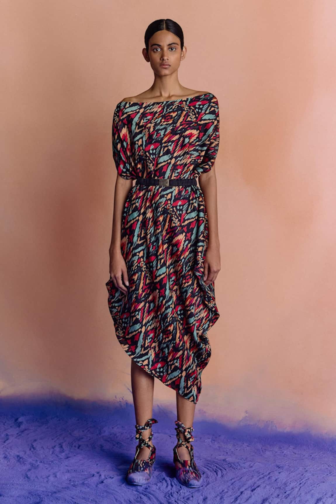 Studio Rigu Vegan Silk Ikat Print Draped Dress