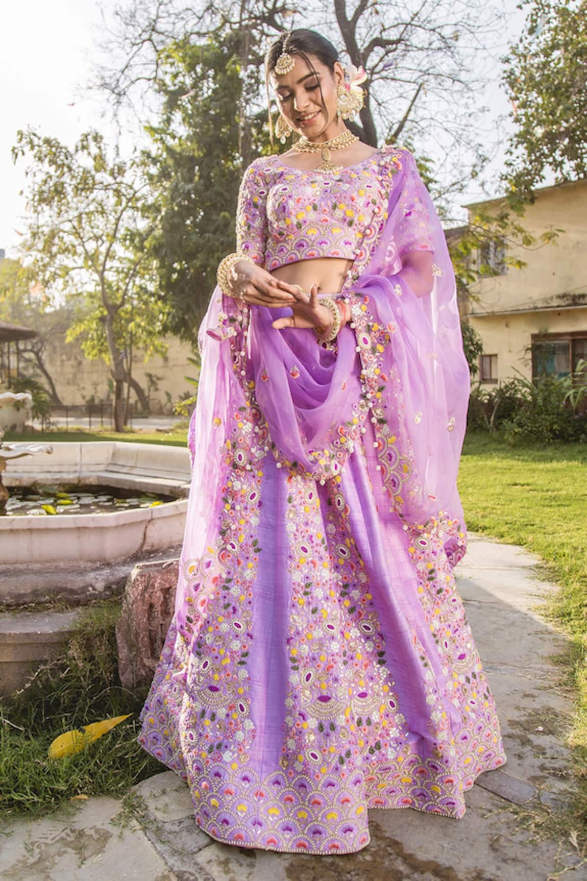 Surbhi Shah Raw Silk Floral Embroidered Bridal Lehenga Set