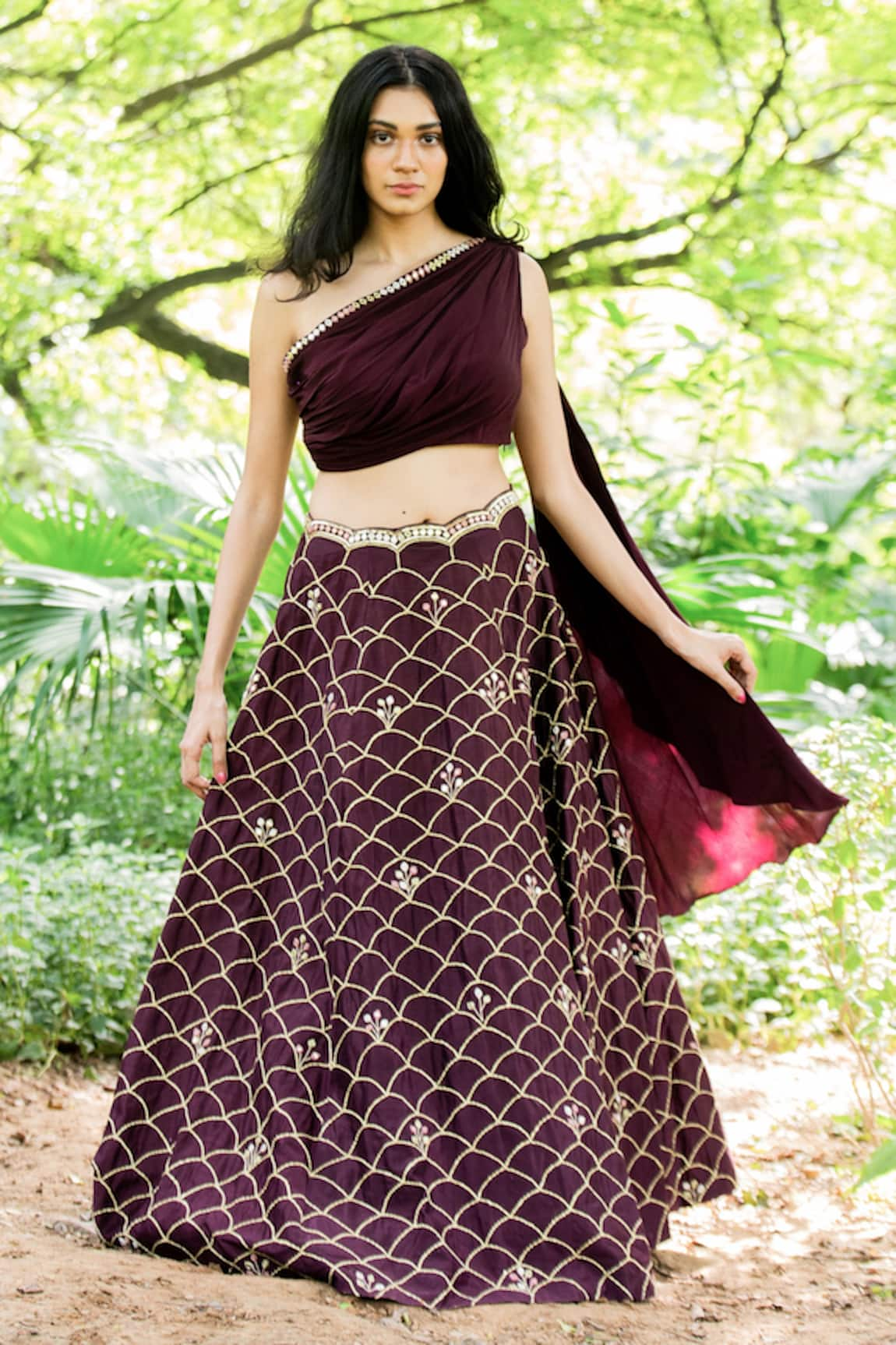 Salt and Spring Embroidered Lehenga & Draped Blouse Set 