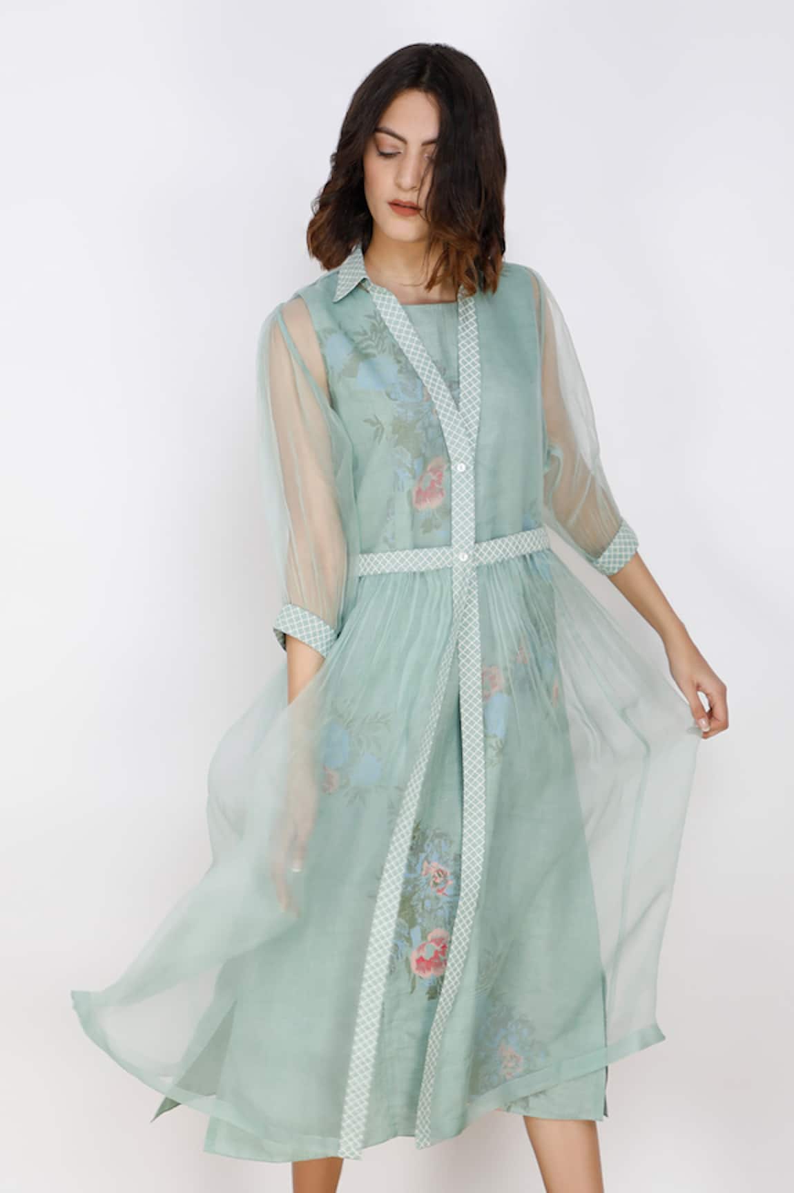 Arcvsh By Pallavi Singh Linen Dress & Organza Jacket Set 