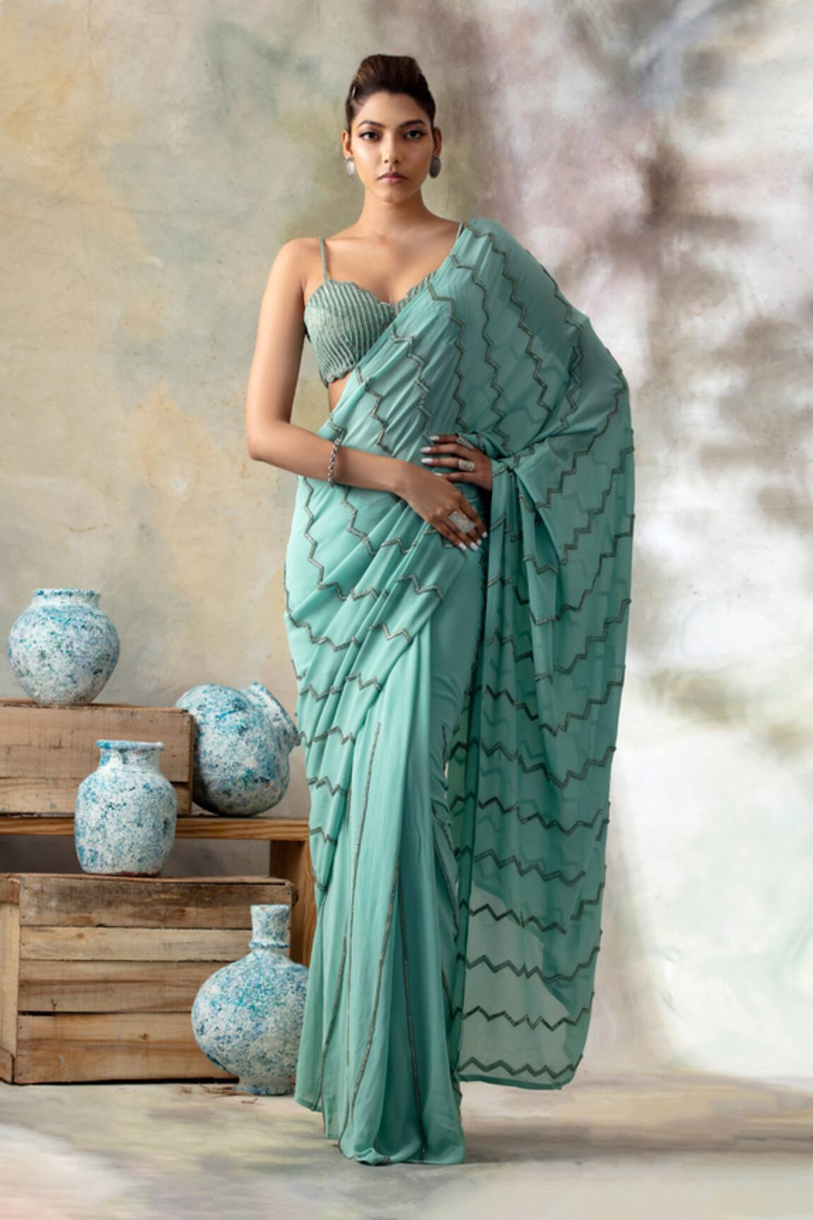 ISHA & SHREYA Embroidered Saree with Bustier