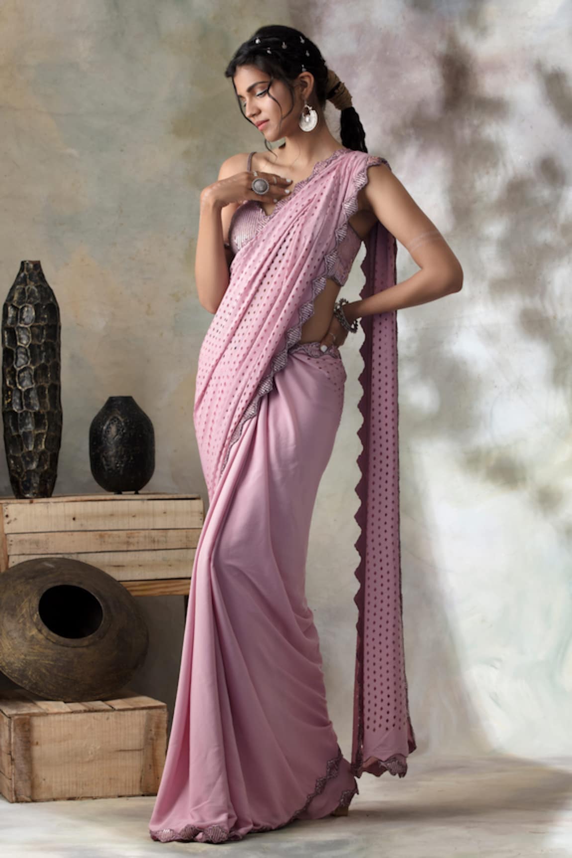 ISHA & SHREYA Cutwork Saree with Bustier