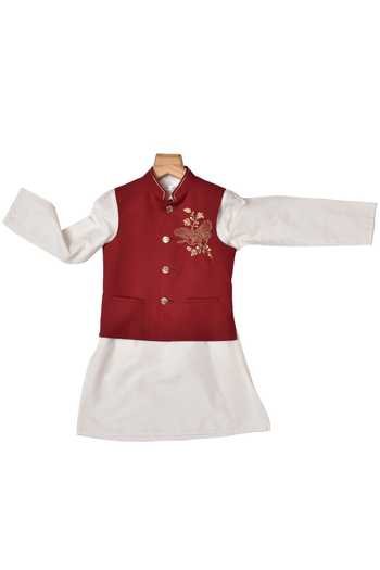Partykles Maroon Zari Embroidered Bundi Kurta Set 