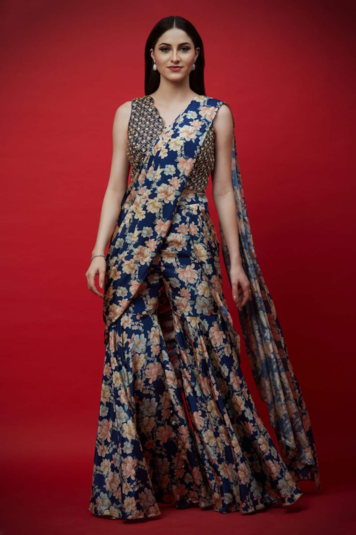 Aayushi Maniar Embroidered Sharara Saree with Blouse