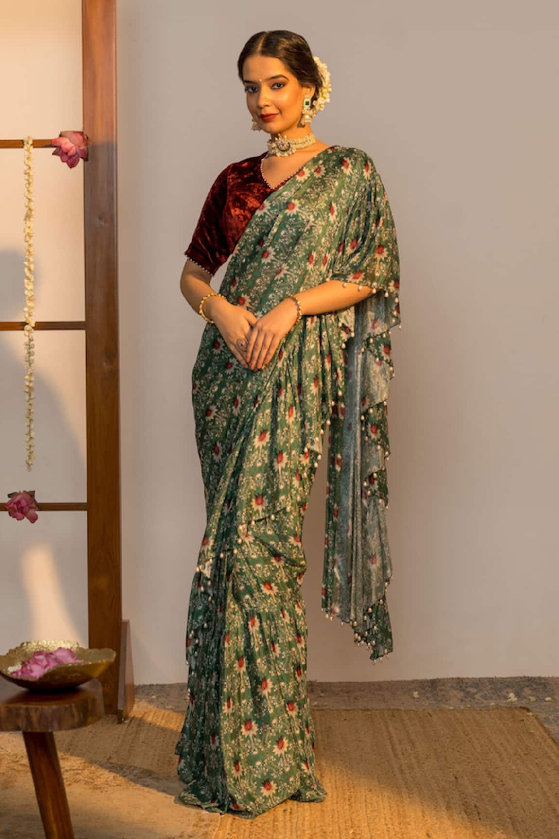 SutrabySweta Printed Pre-Draped Saree With Blouse