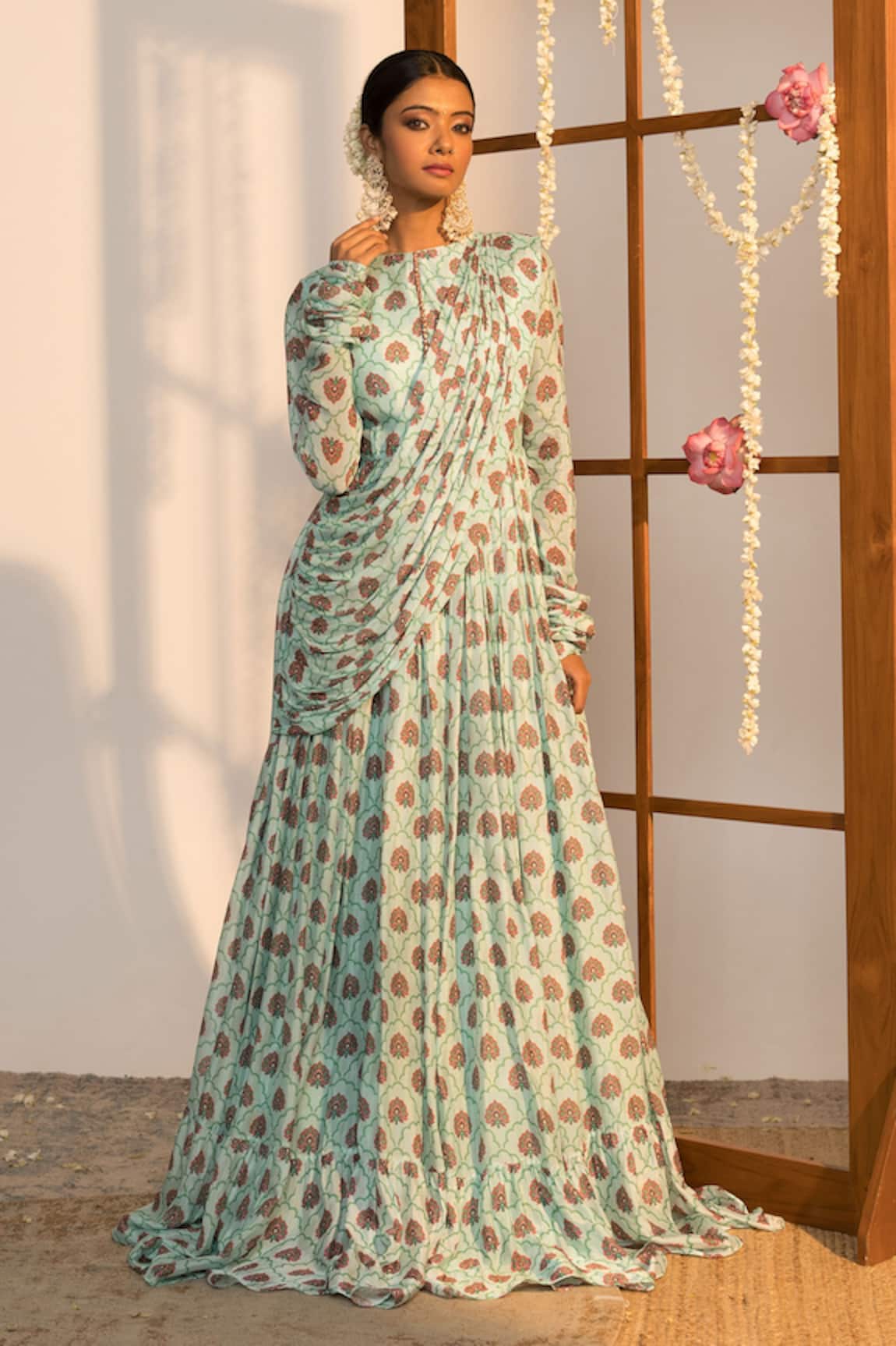 SutrabySweta Floral Print Draped Gown