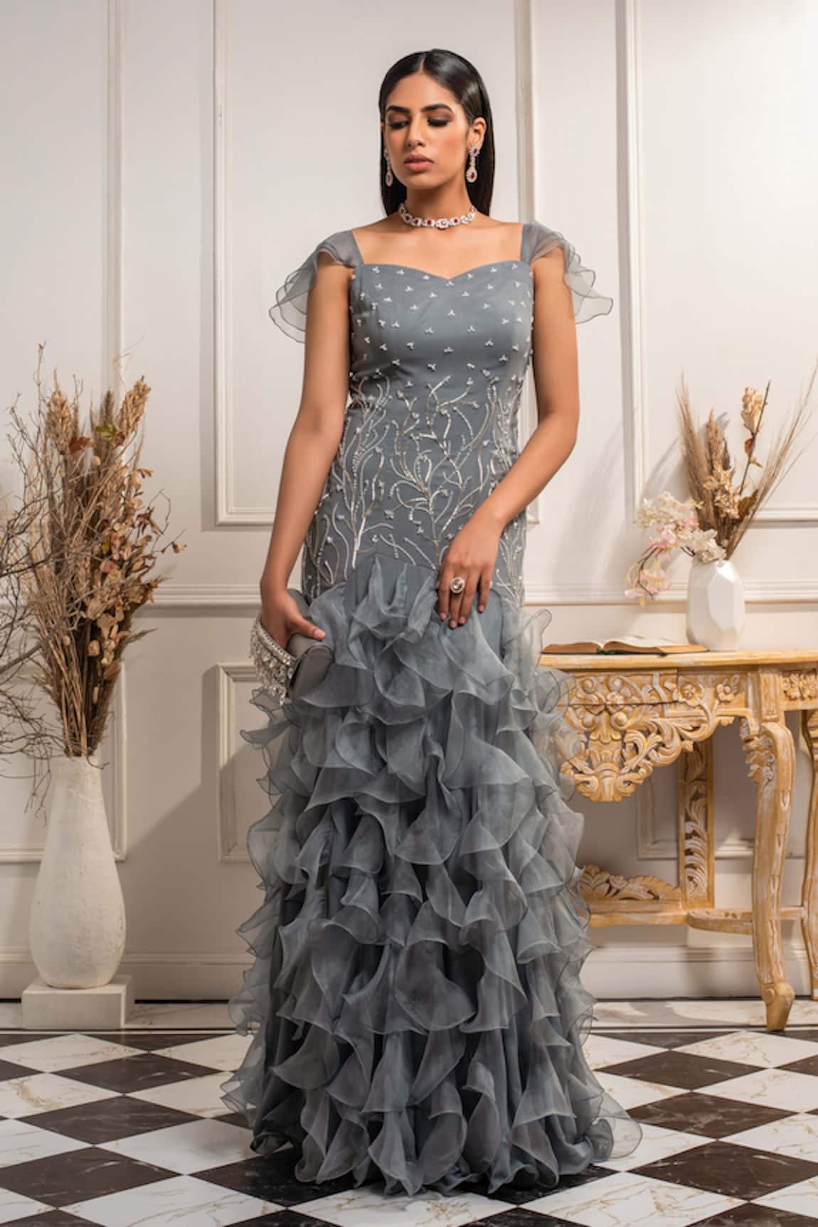 Seema Thukral Embroidered Organza Ruffle Gown