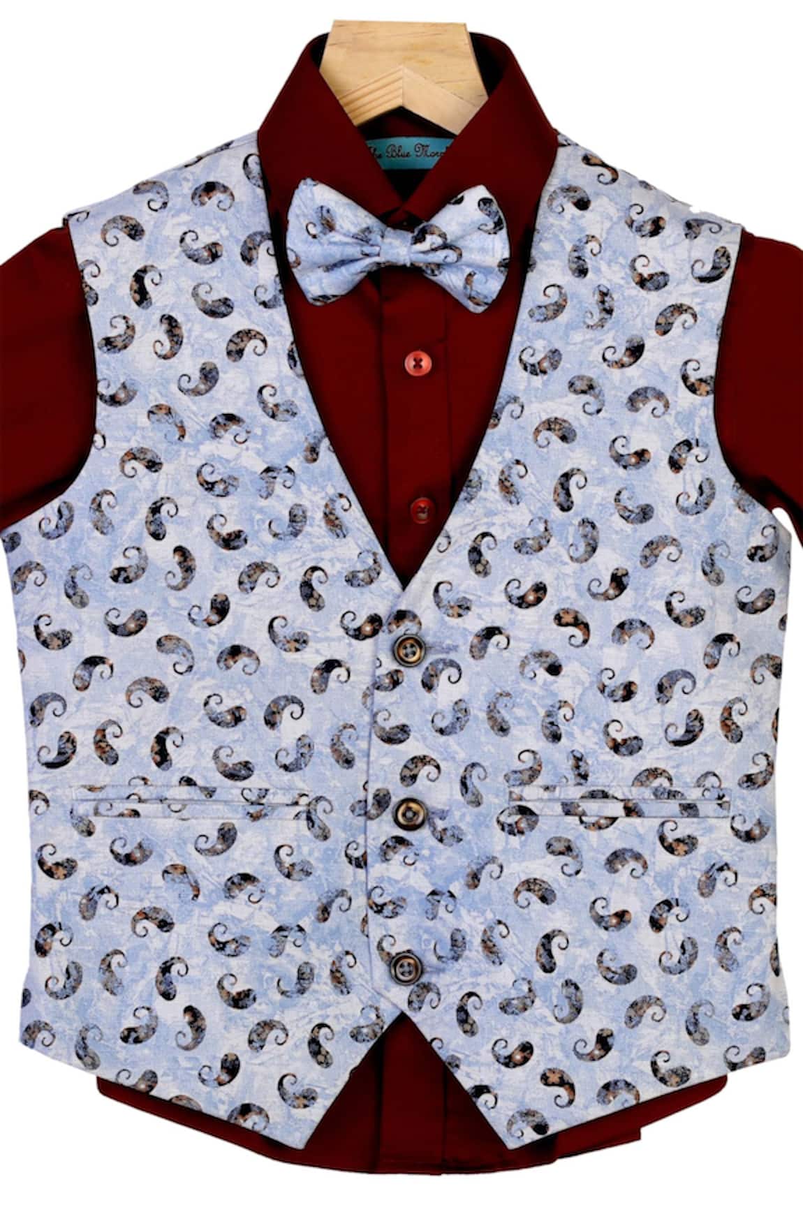 The Blue Morphology Printed Waist Coat With Shirt & Bow