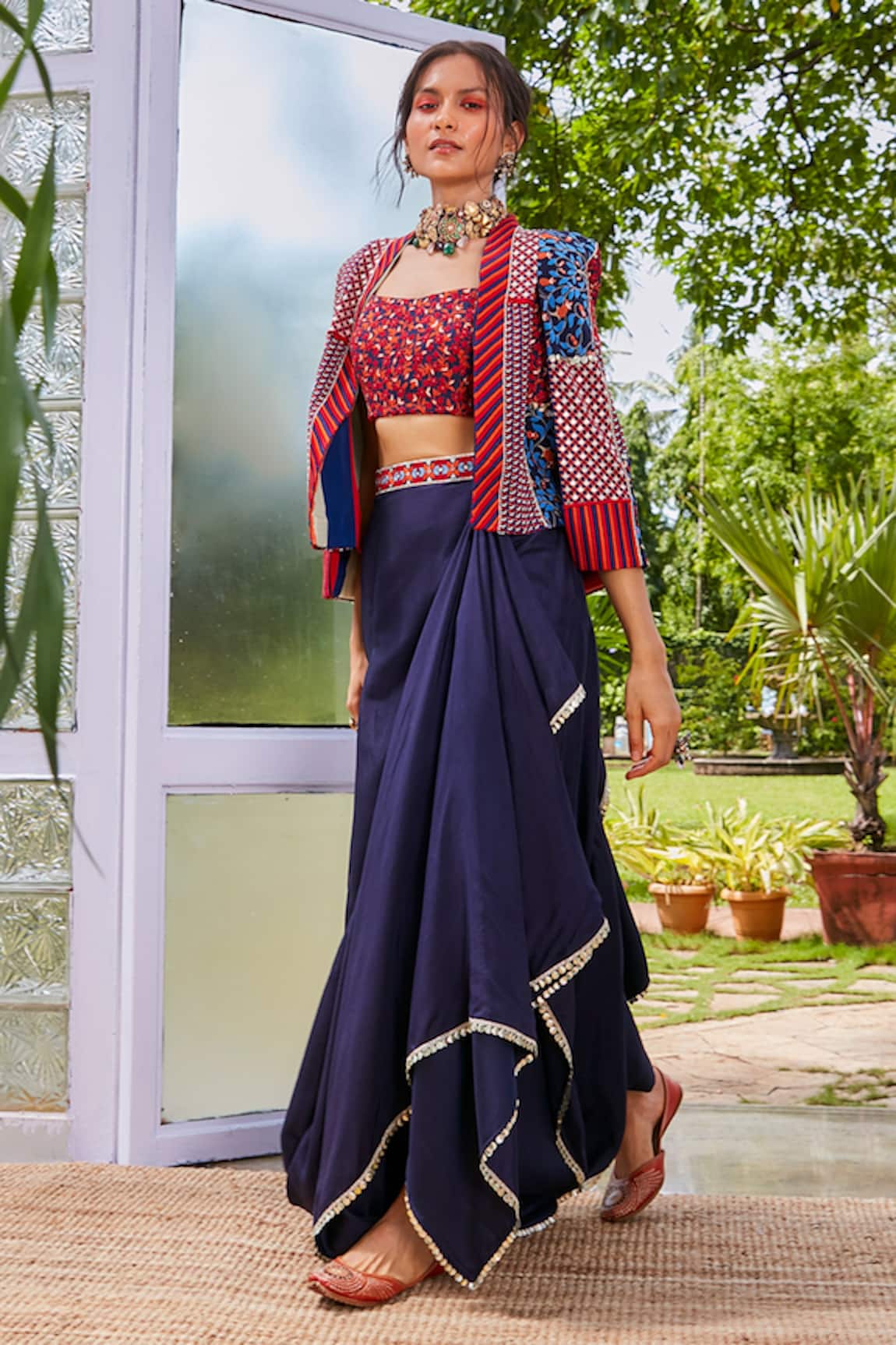 SVA by Sonam & Paras Modi Printed Cape & Drape Skirt Set