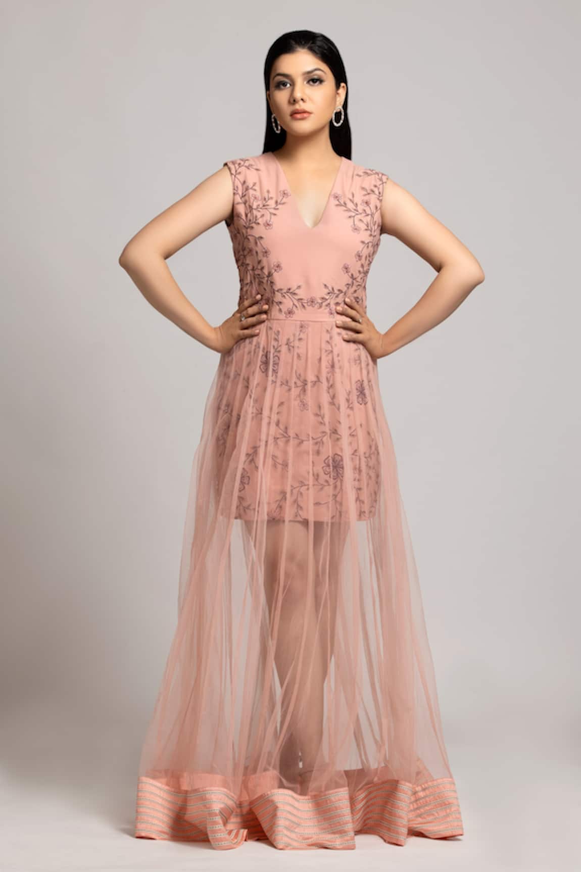 S & V Designs Floral Embroidered Layered Gown
