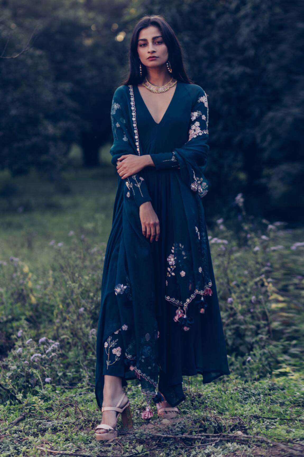 Madzin Embroidered Asymmetric Kurta Pant Set