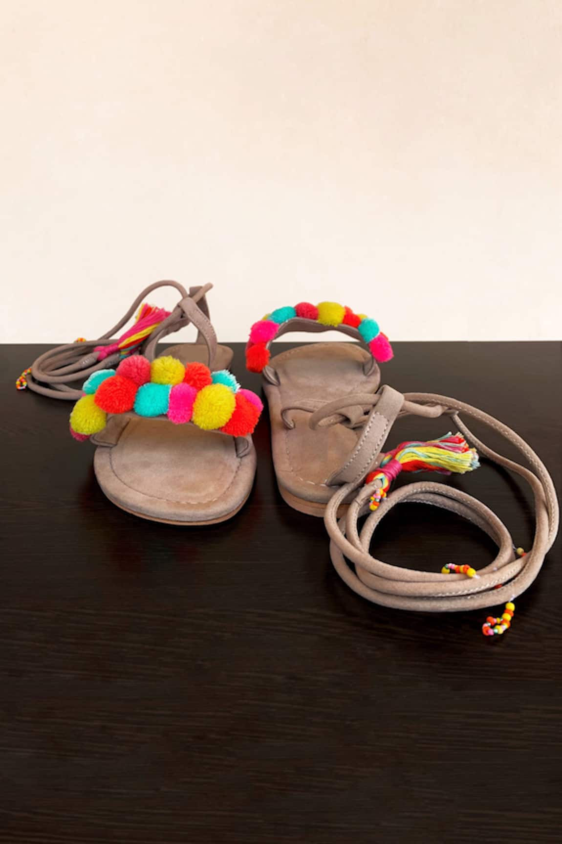 Buy Sandalwali Multi Color Suedette Up Pom Pom Sandals Online | Aza Fashions