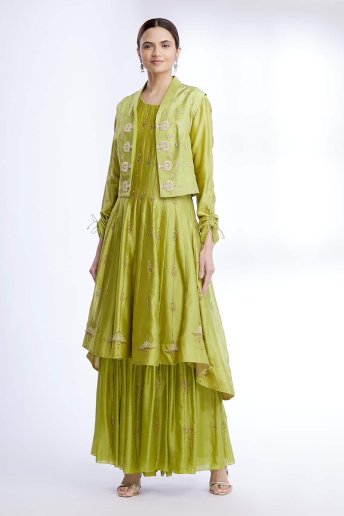 Sozenkari Silk Chanderi Embroidered Anarkali & Jacket Set