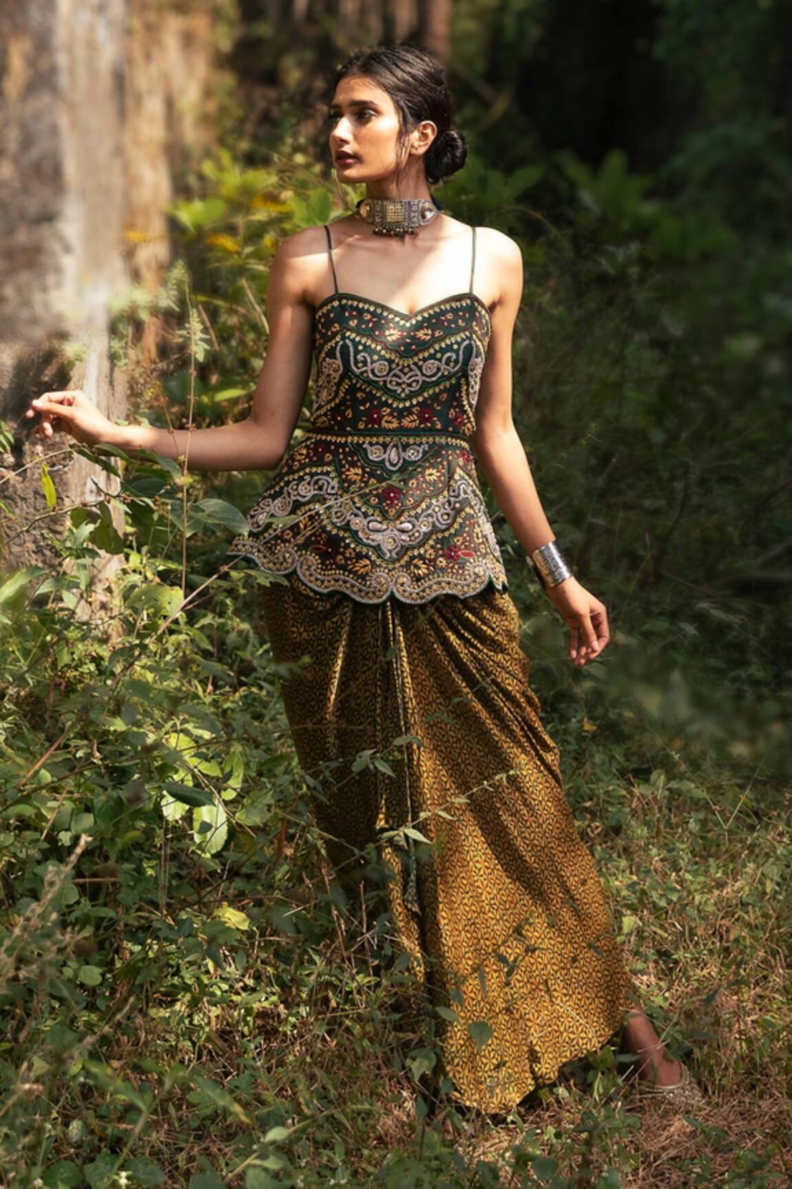 Nitara Dhanraj Label Peplum Top & Printed Draped Skirt Set 