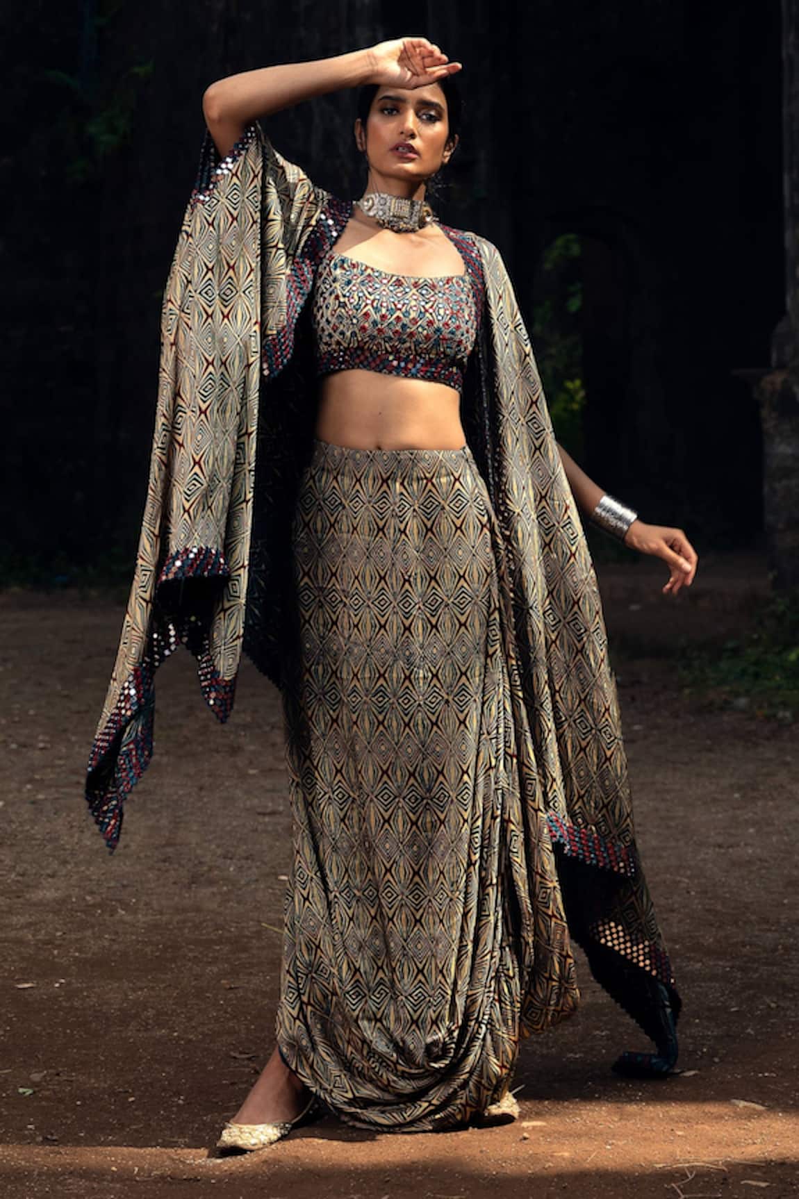 Nitara Dhanraj Label Cowl Draped Skirt Set With Cape 