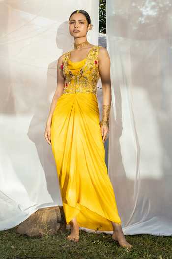 Tisha Saksena Dupion Silk Draped Dress Set