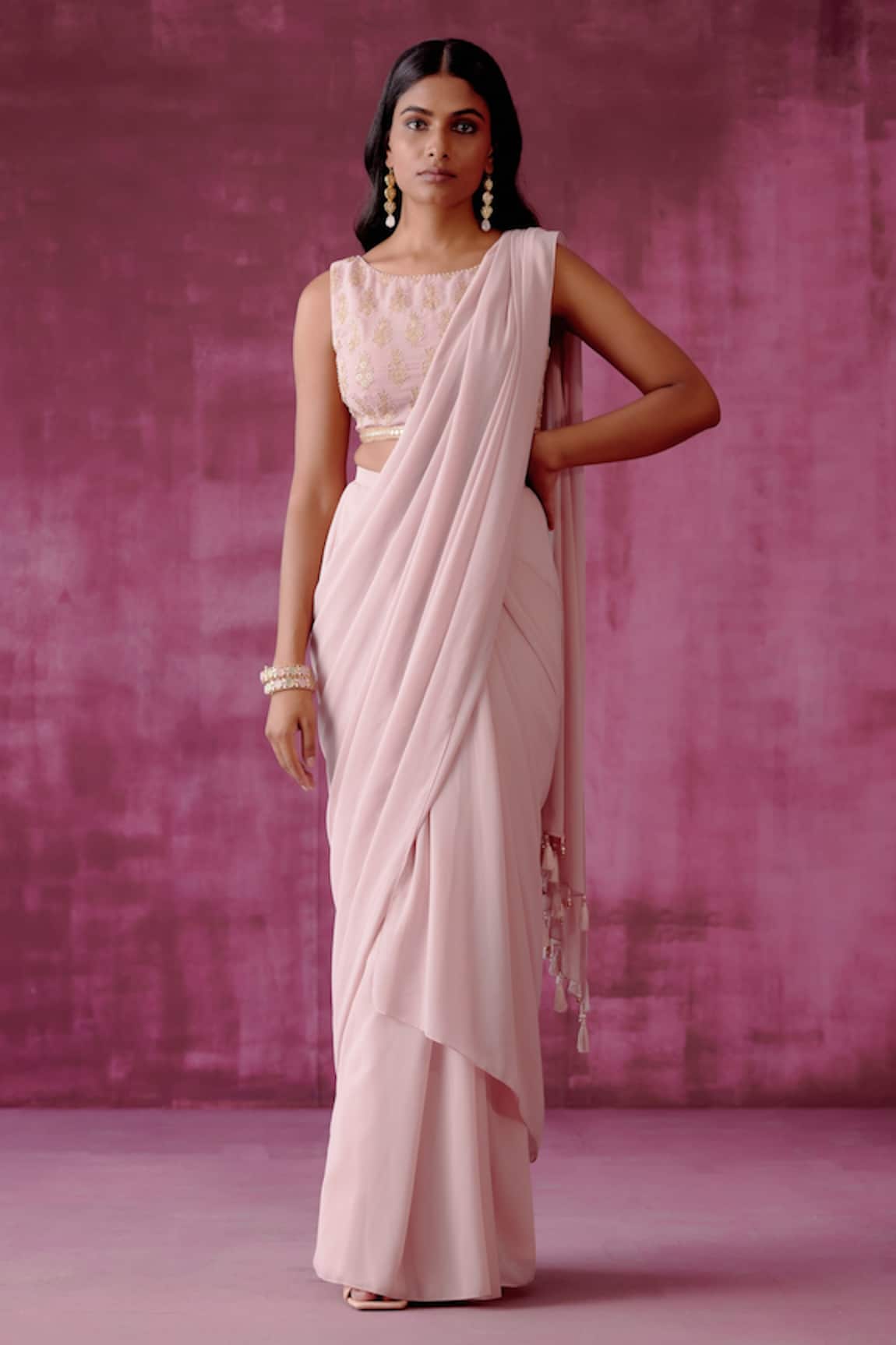 Pouli Pret Pre-Draped Saree With Embroidered Blouse
