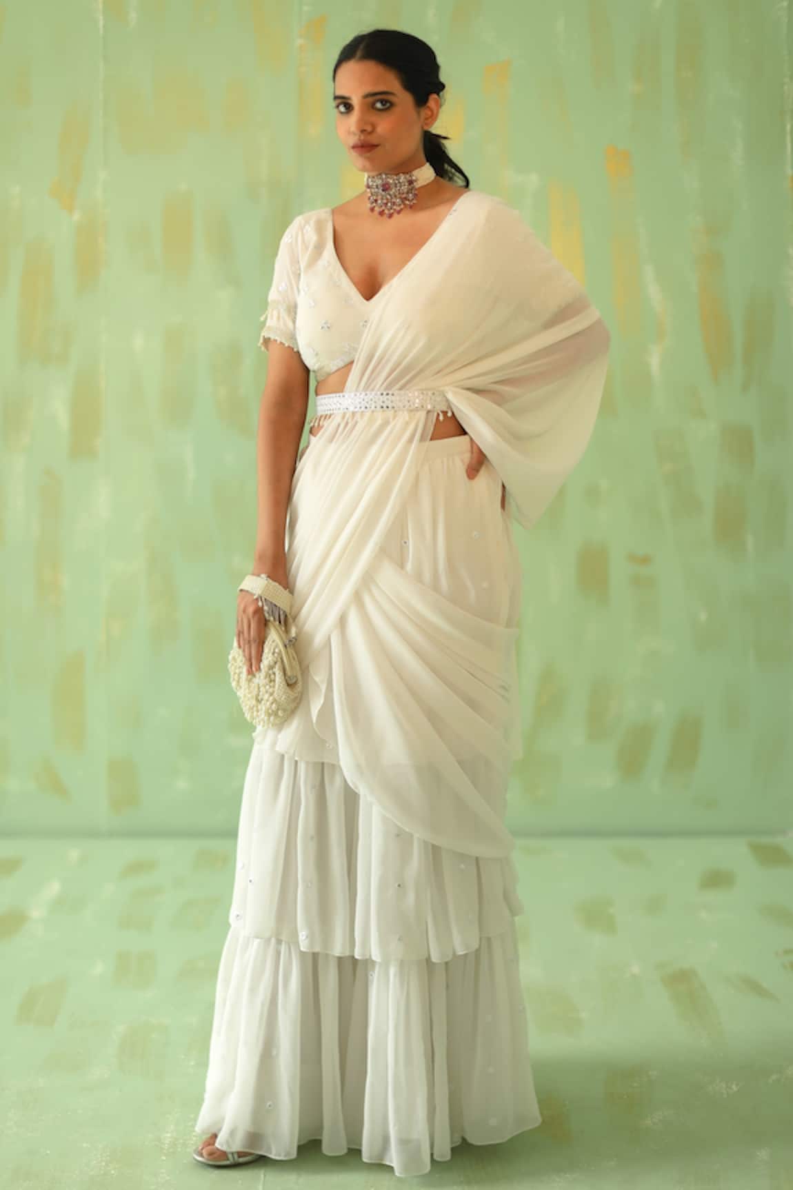 Pouli Pret Tiered Pre-Draped Saree With Blouse