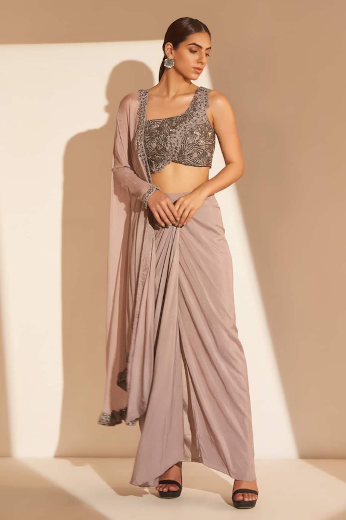 Tabeer India Embroidered Blouse & Draped Skirt Set