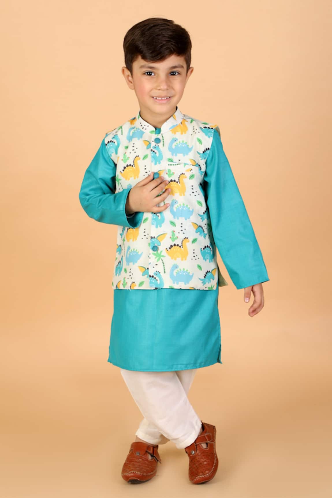 The Plum Bum Dinosaur Printed Bundi & Kurta Set 