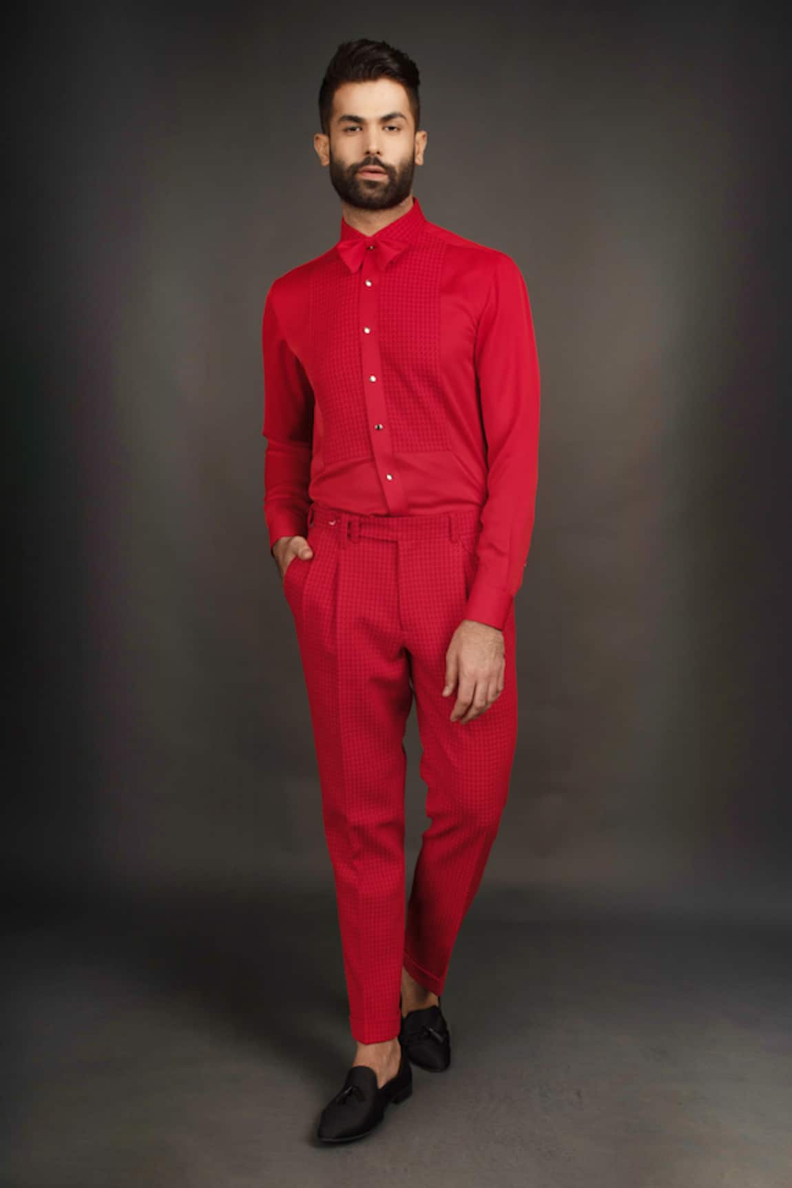 Prima Czar - Red Jacquard Shirt Satin Checkered Suit And Pant Set For Men