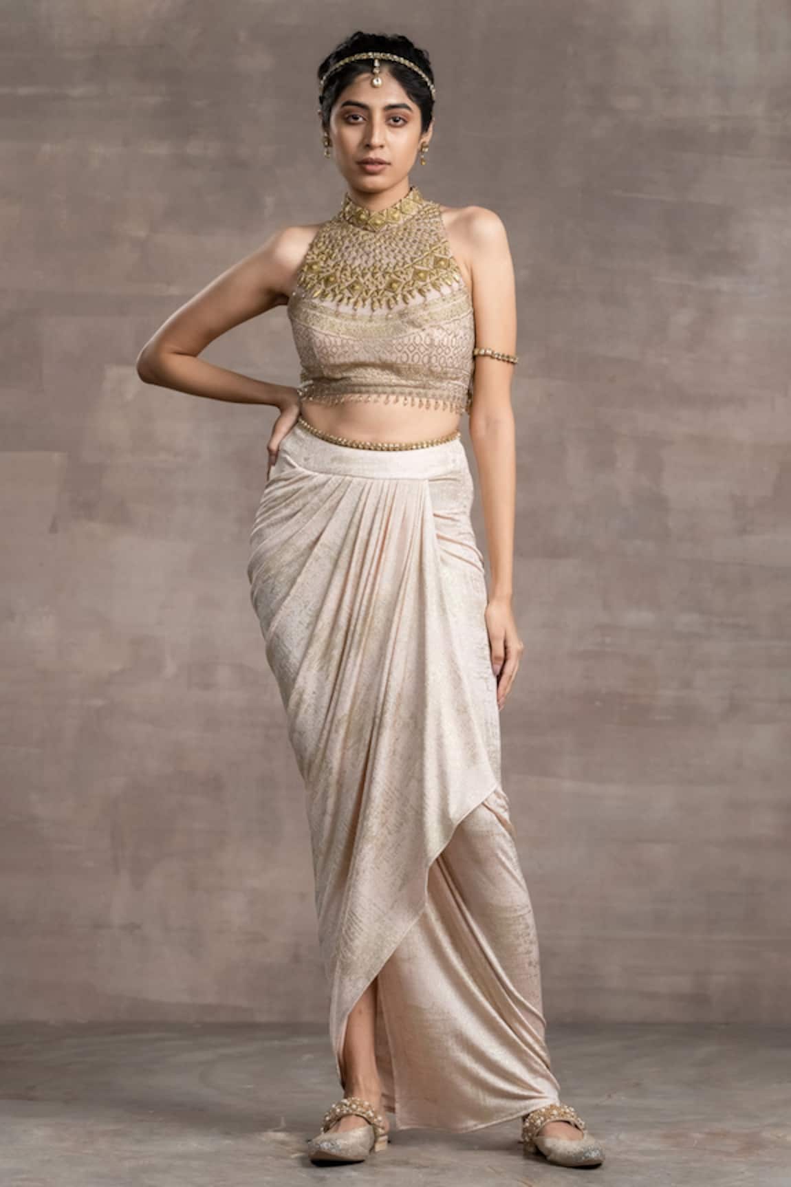 Tarun Tahiliani Embellished Blouse & Draped Skirt Set 