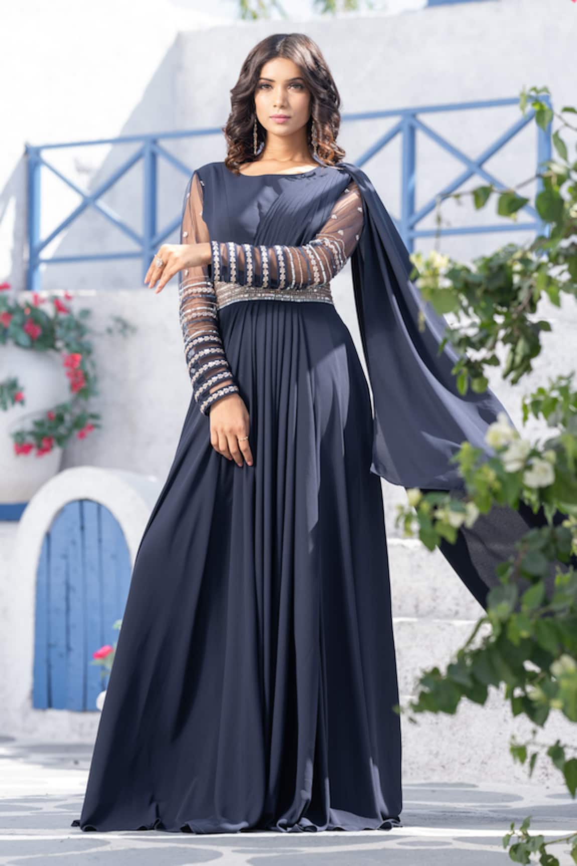 Tamaraa By Tahani Pleated Draped Gown