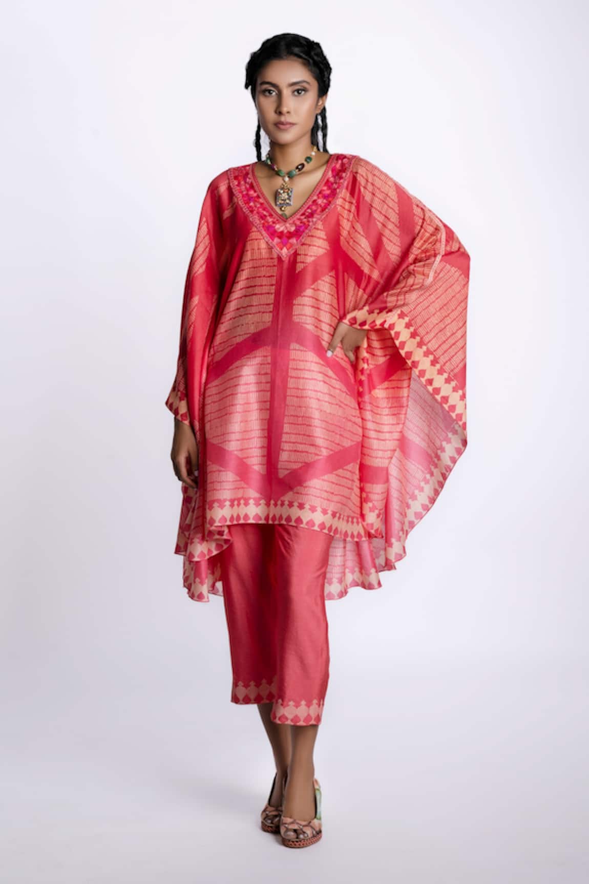 Krishna Mehta Chanderi Kaftan Tunic & Pant Set
