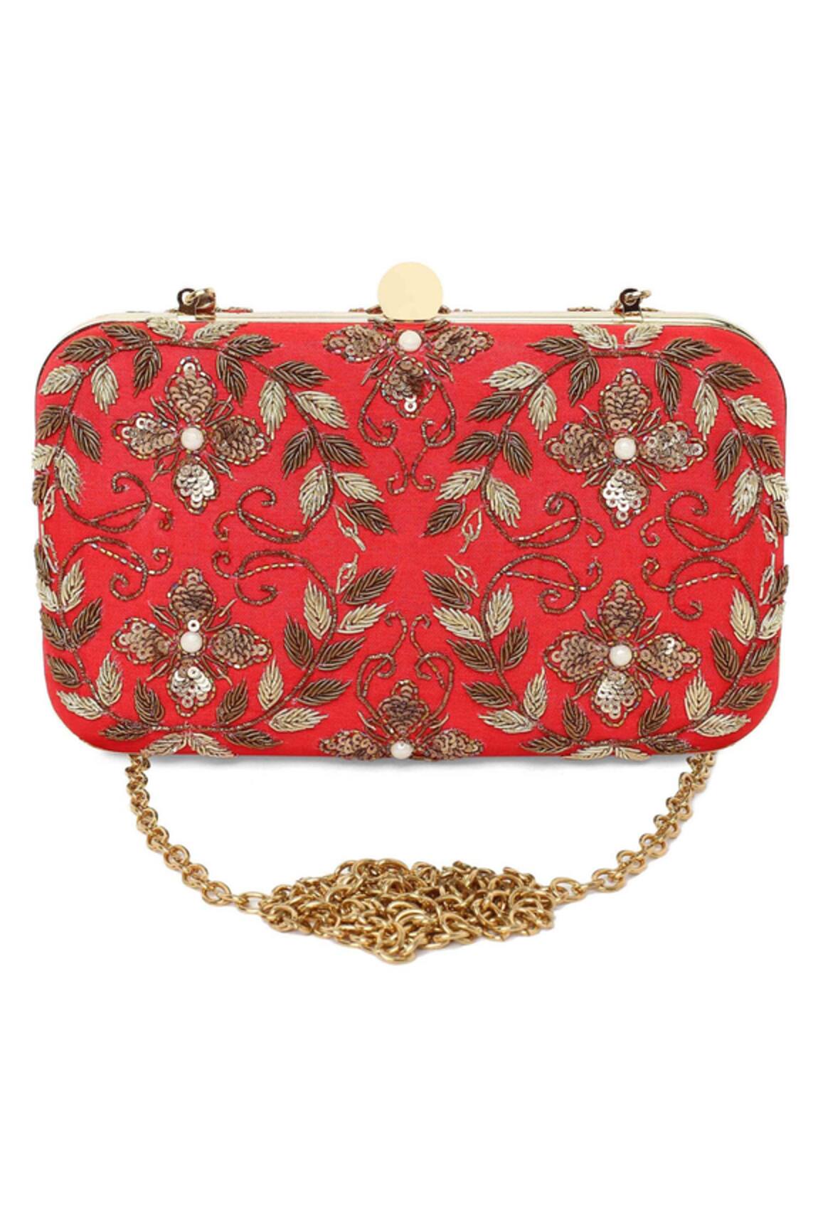 The Purple Sack Embroidered Red Raw Silk Clutch With Sling