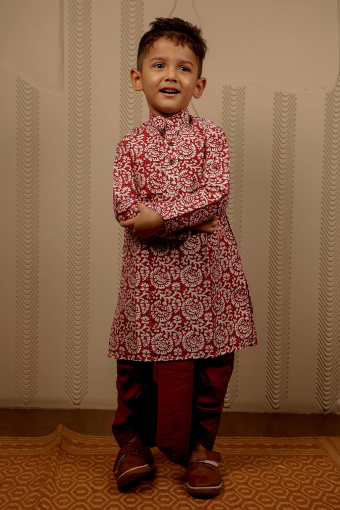 Tiny Colour Maroon Block Print Kurta & Dhoti Pant Set