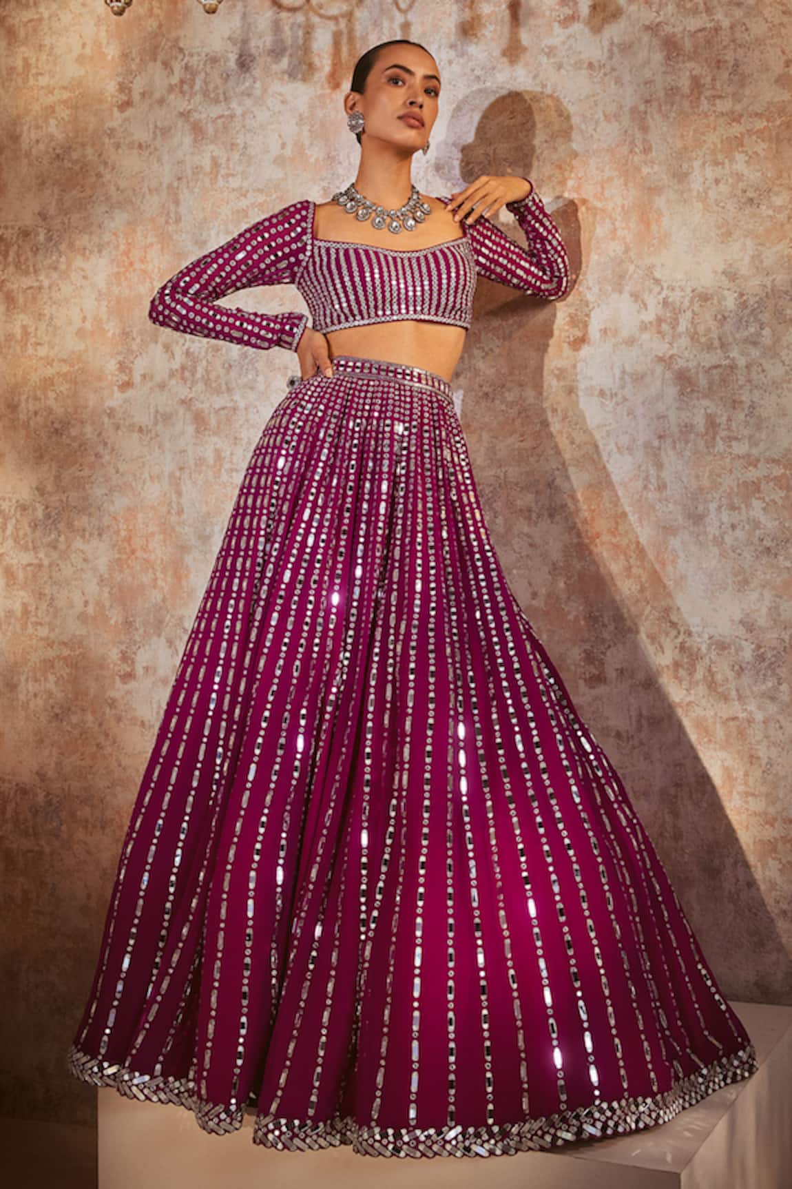 Vvani By Vani Vats Linear Drop Mirror Embellished Lehenga Set