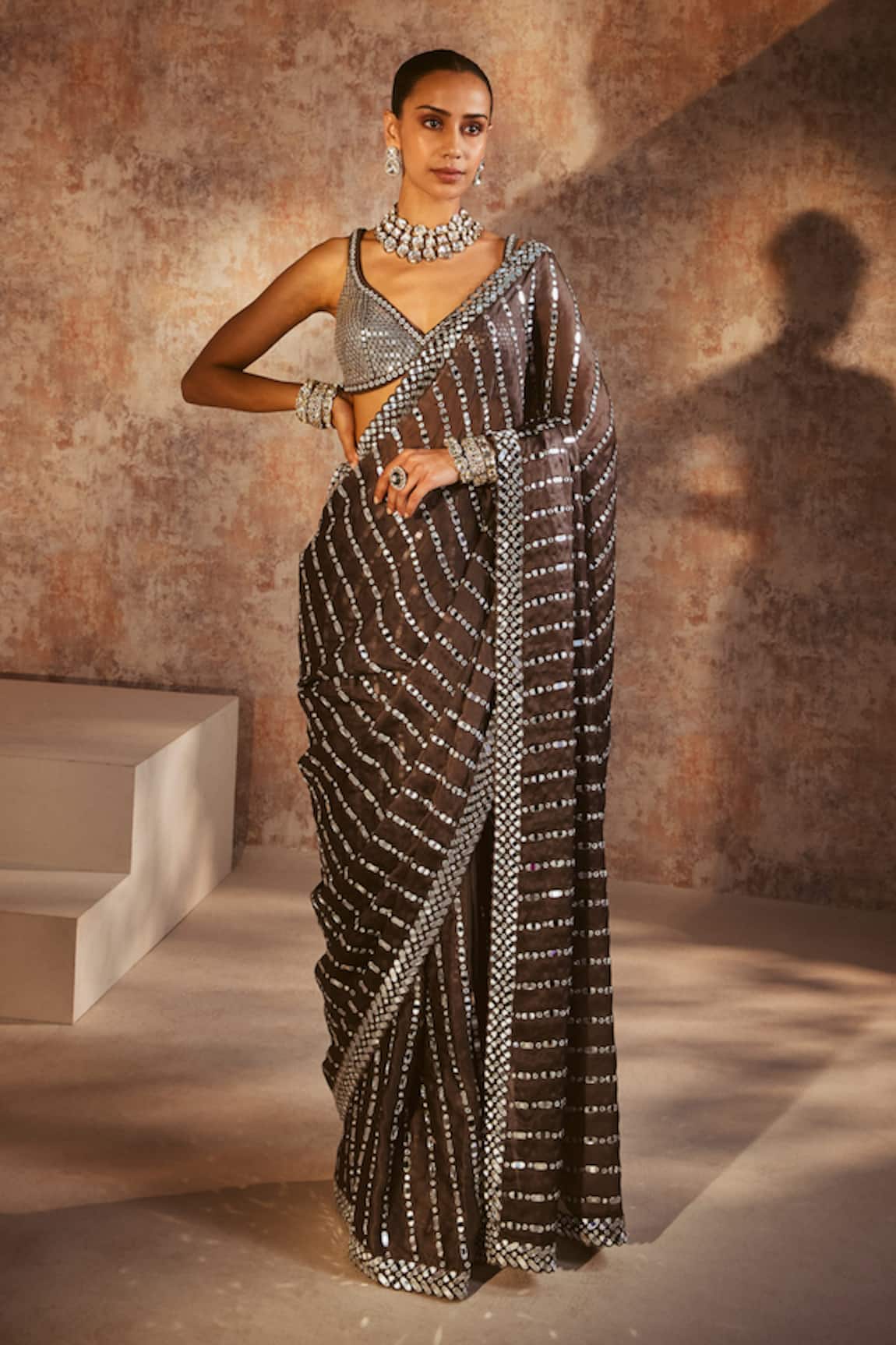 Vvani by Vani Vats Linear Work Pre-Draped Saree With Sequin Blouse