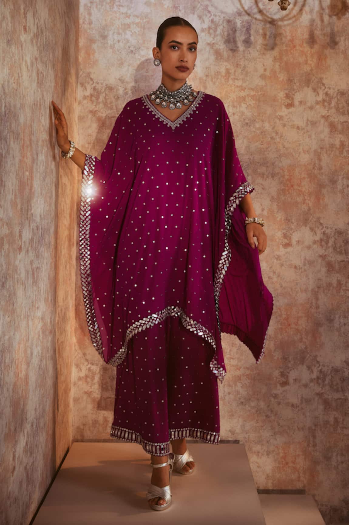 Vvani By Vani Vats Wine Embroidered Kaftan & Palazzo Set