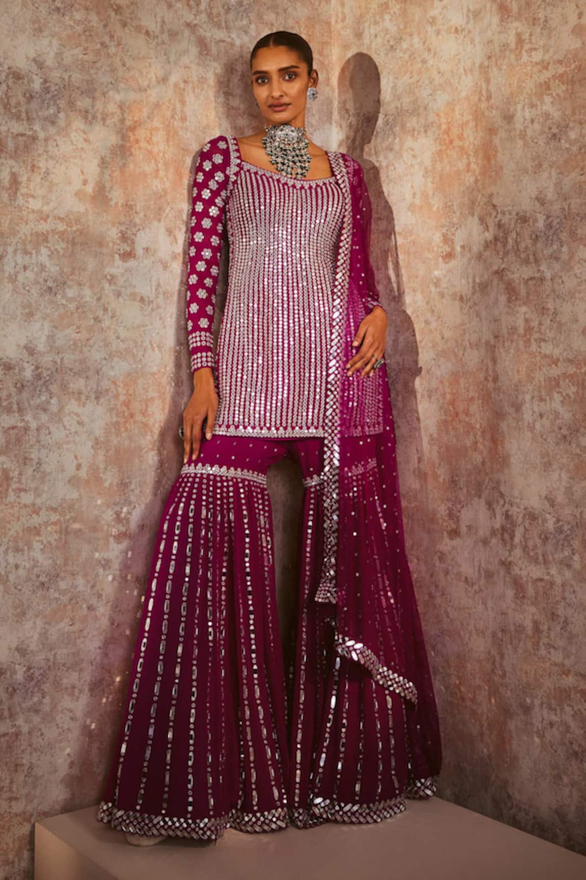 Vvani By Vani Vats Mirror Embroidered Straight Kurta Sharara Set 