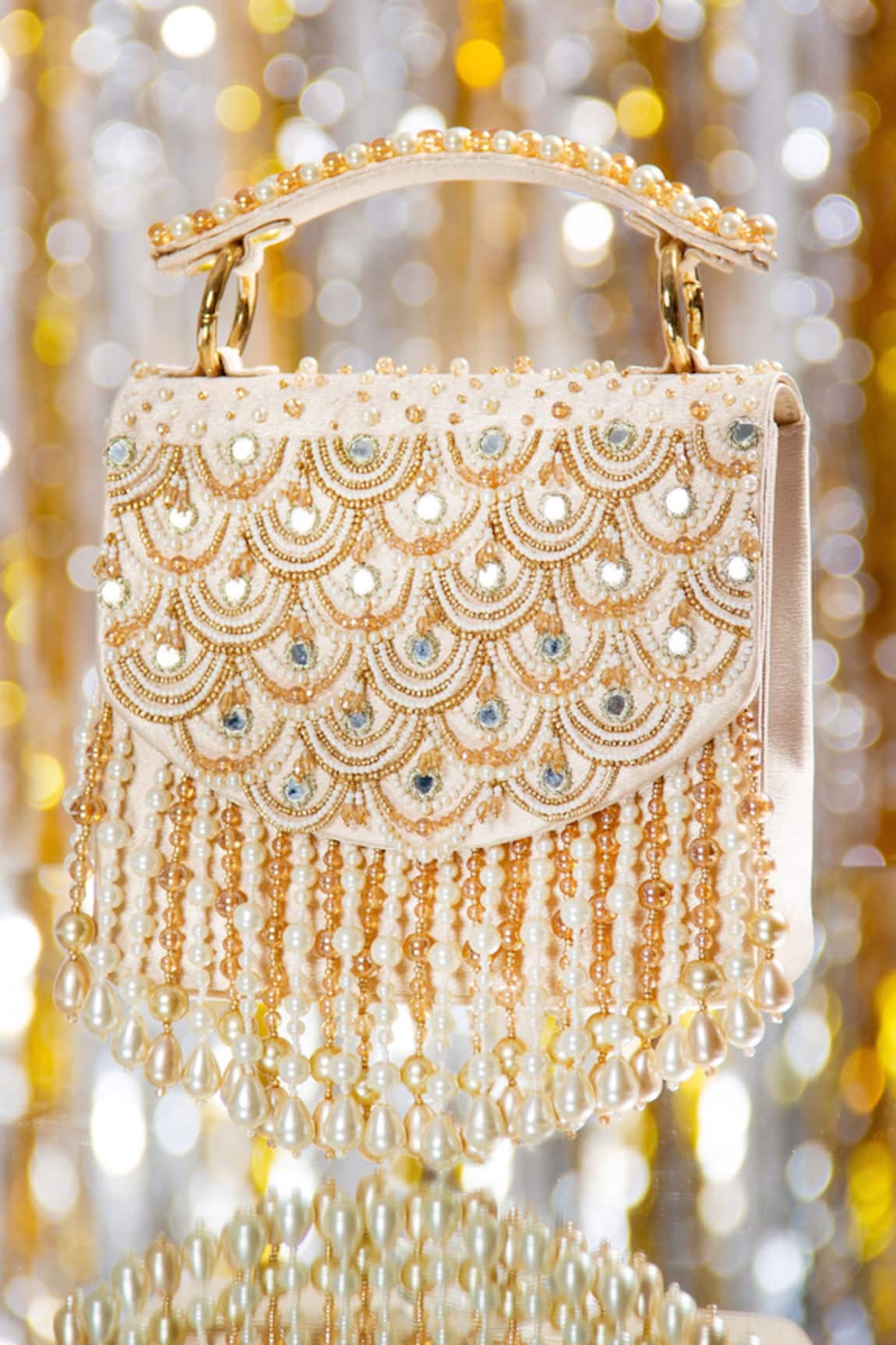 60s vintage evening bag, formal gold beaded purse w/ shoulder